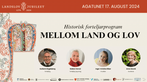 Plakat for arrangement 17.august om landslova, fire portretter av fire kvinner og en mann. Et ornament i kaligrafi