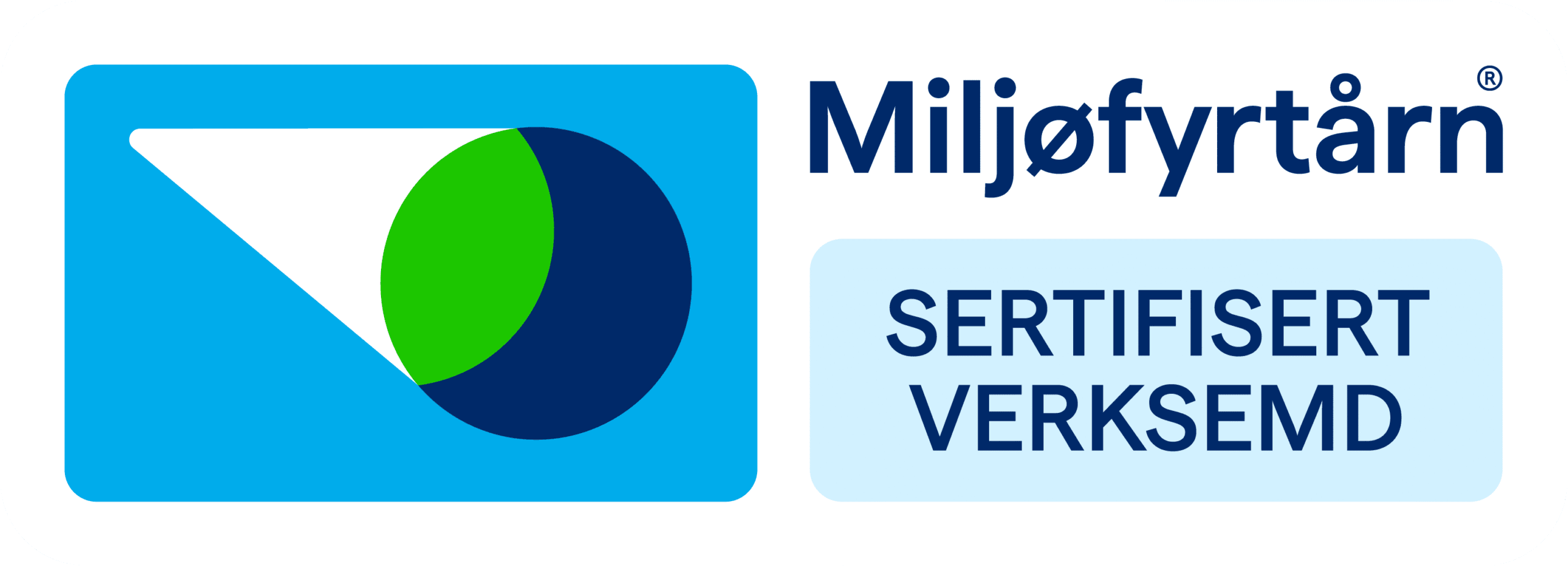 Logo i blåtoner, grønn og kvit: miljøfyrtårn sertifisert verksemd