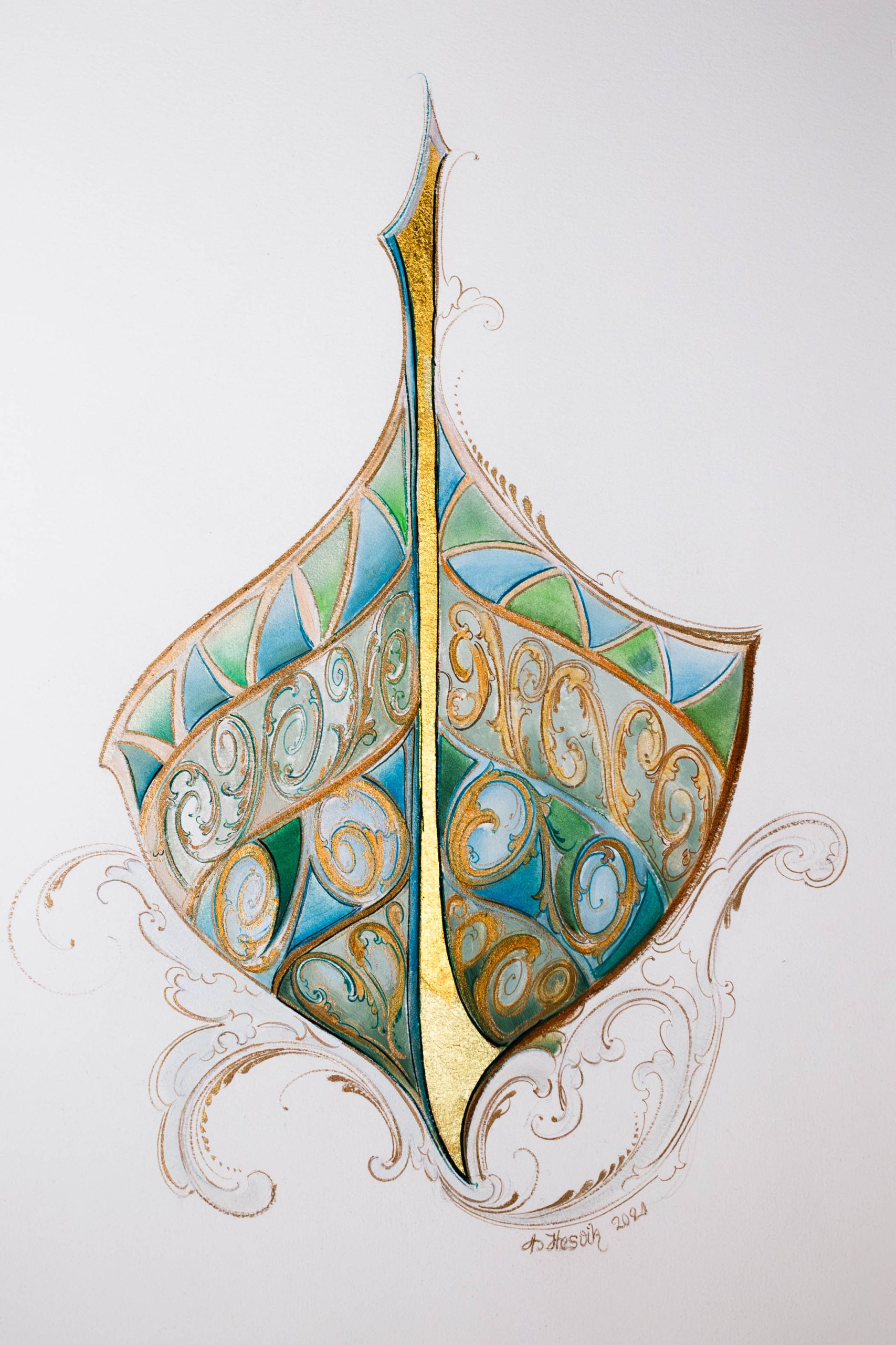 Eit kunstverk som synar ei dekorert forstavn av eit vikingskip på kvit bakgrunn. Fargane er gyldne og turkise, og rosemålingsaktige krusninger står om baugen.